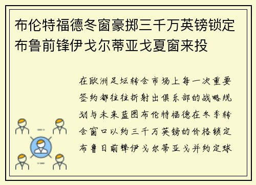 布伦特福德冬窗豪掷三千万英镑锁定布鲁前锋伊戈尔蒂亚戈夏窗来投