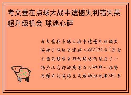 考文垂在点球大战中遗憾失利错失英超升级机会 球迷心碎