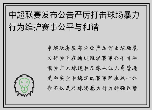 中超联赛发布公告严厉打击球场暴力行为维护赛事公平与和谐