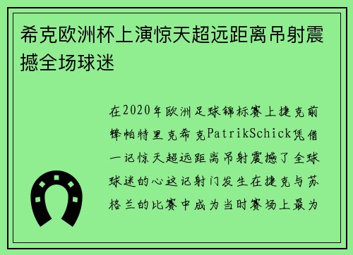 希克欧洲杯上演惊天超远距离吊射震撼全场球迷